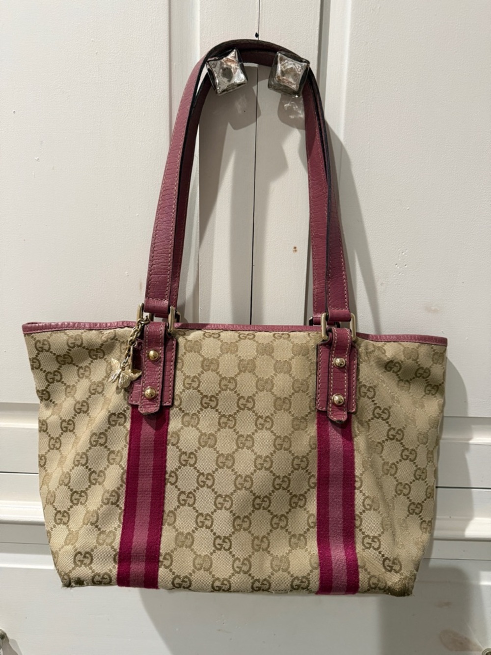 Gucci Beige GG Canvas Tote with Pink Stripe and Straps